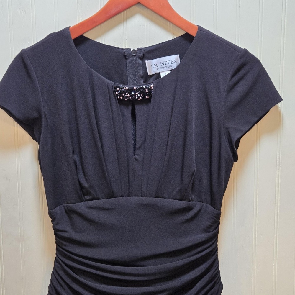 J.R. Nites Dress Womens 6 Black Pink Stripe Ruched Beaded‎ Fit & Flare Midi